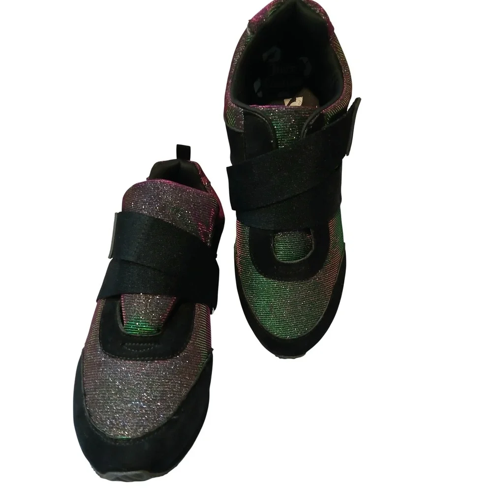 Juicy Couture Women's Glitter Sneakers Rainbow Sparkle Black Velcro Shoes 10 - Picture 3 of 8